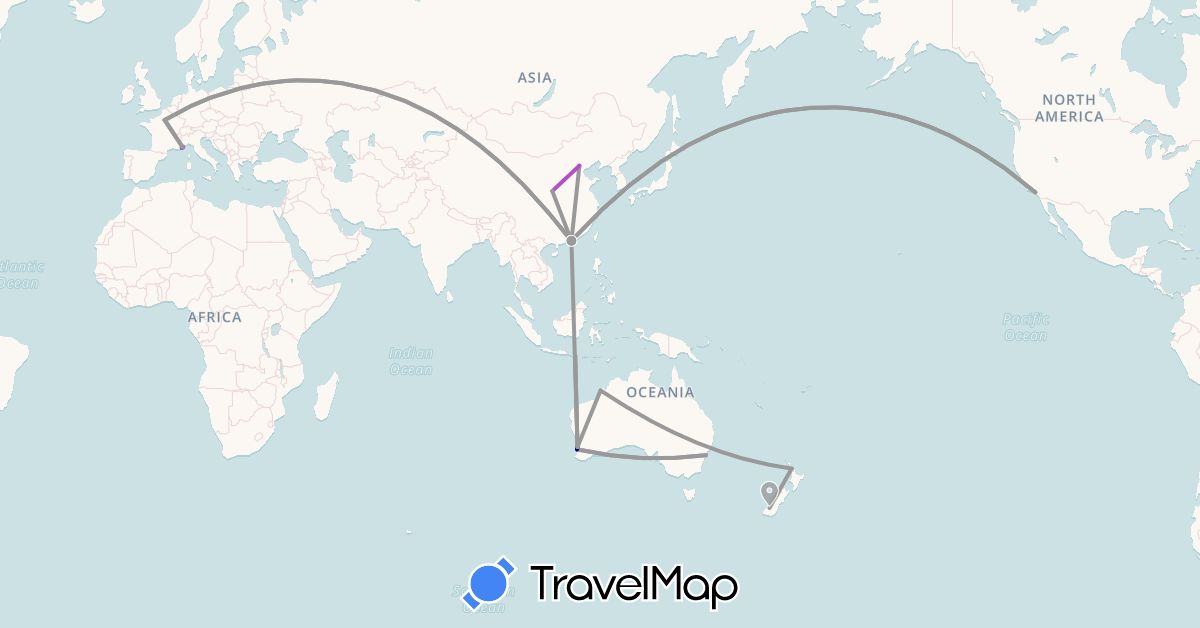 TravelMap itinerary: driving, plane, train in Australia, China, France, Indonesia, Monaco, New Zealand, United States (Asia, Europe, North America, Oceania)